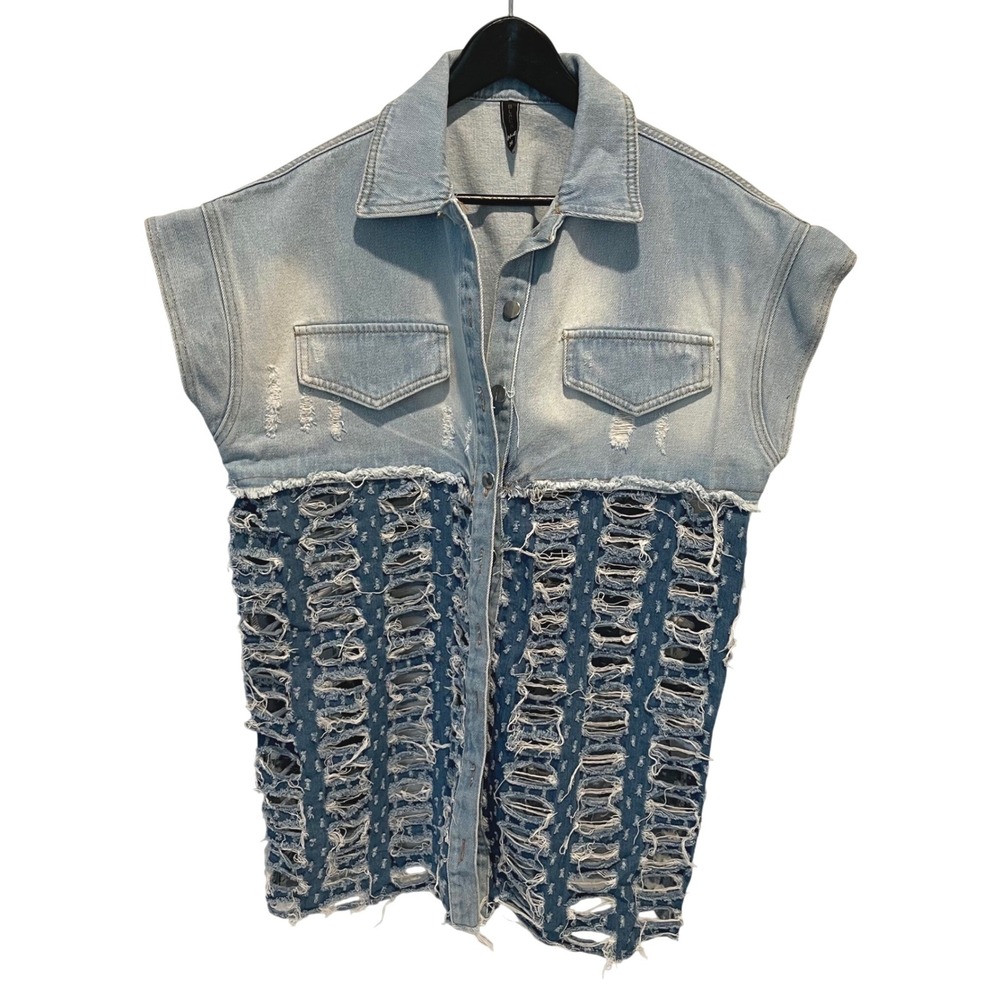 H4 Distressed Denim Sleeveless Ripped Raw Edge Jean Vest Women's Fashion Size 36